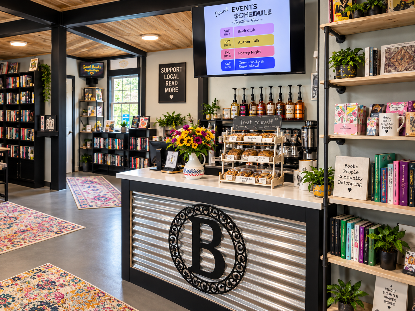 Corrugated metal coffee and treat counter with the Bound B logo, fresh flowers, and pastry case