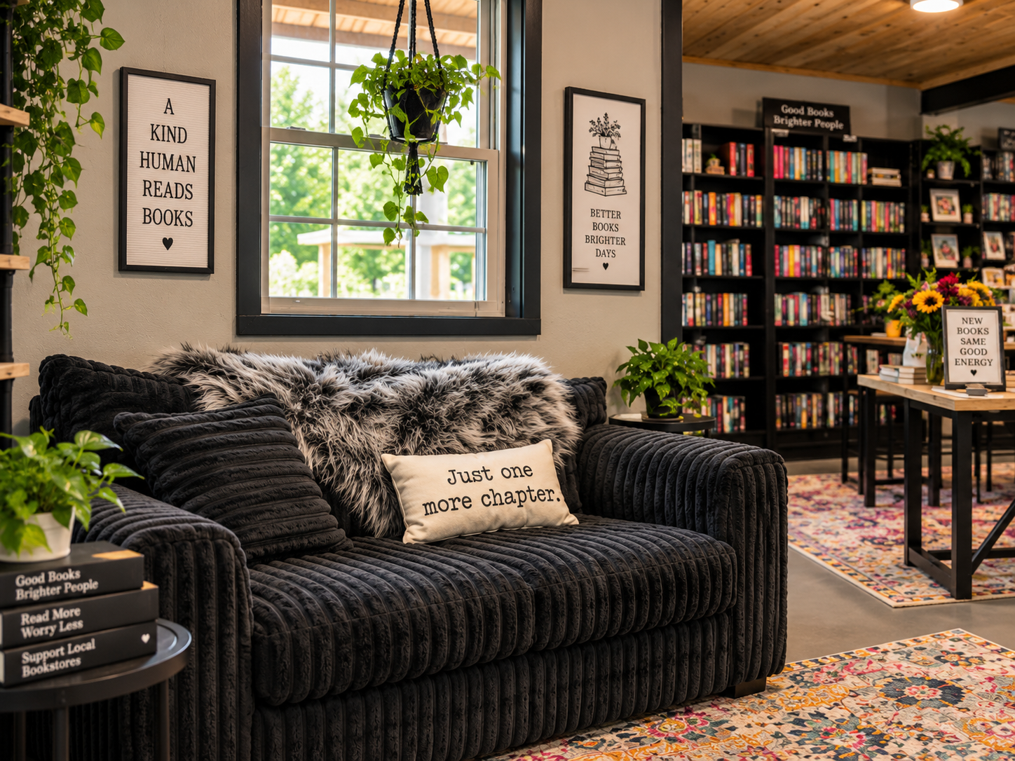 Cozy corduroy reading couch by the sunlit window with letter boards and plants at Bound Lincolnton