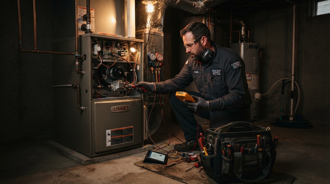 Professional HVAC technician servicing a residential furnace in a modern Canadian home