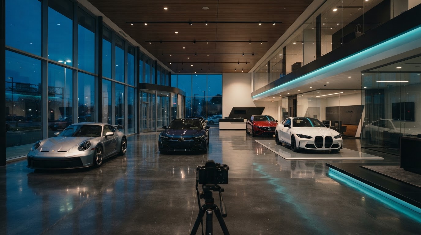 Modern automotive dealership showroom interior at dusk