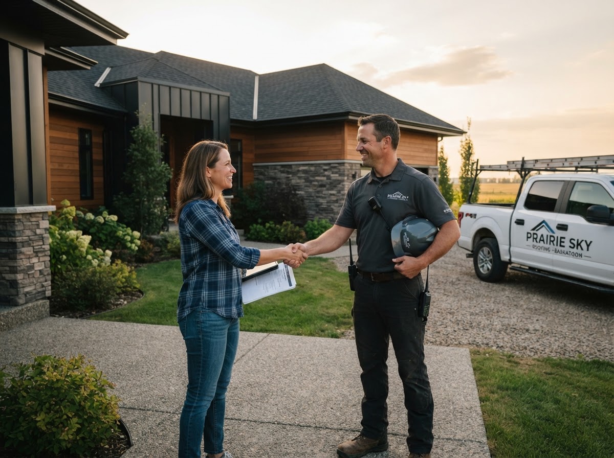 Roofing company owner meeting with a homeowner outside a Saskatchewan home