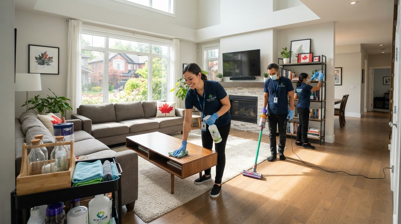 Professional home cleaning team cleaning a modern Saskatchewan living room