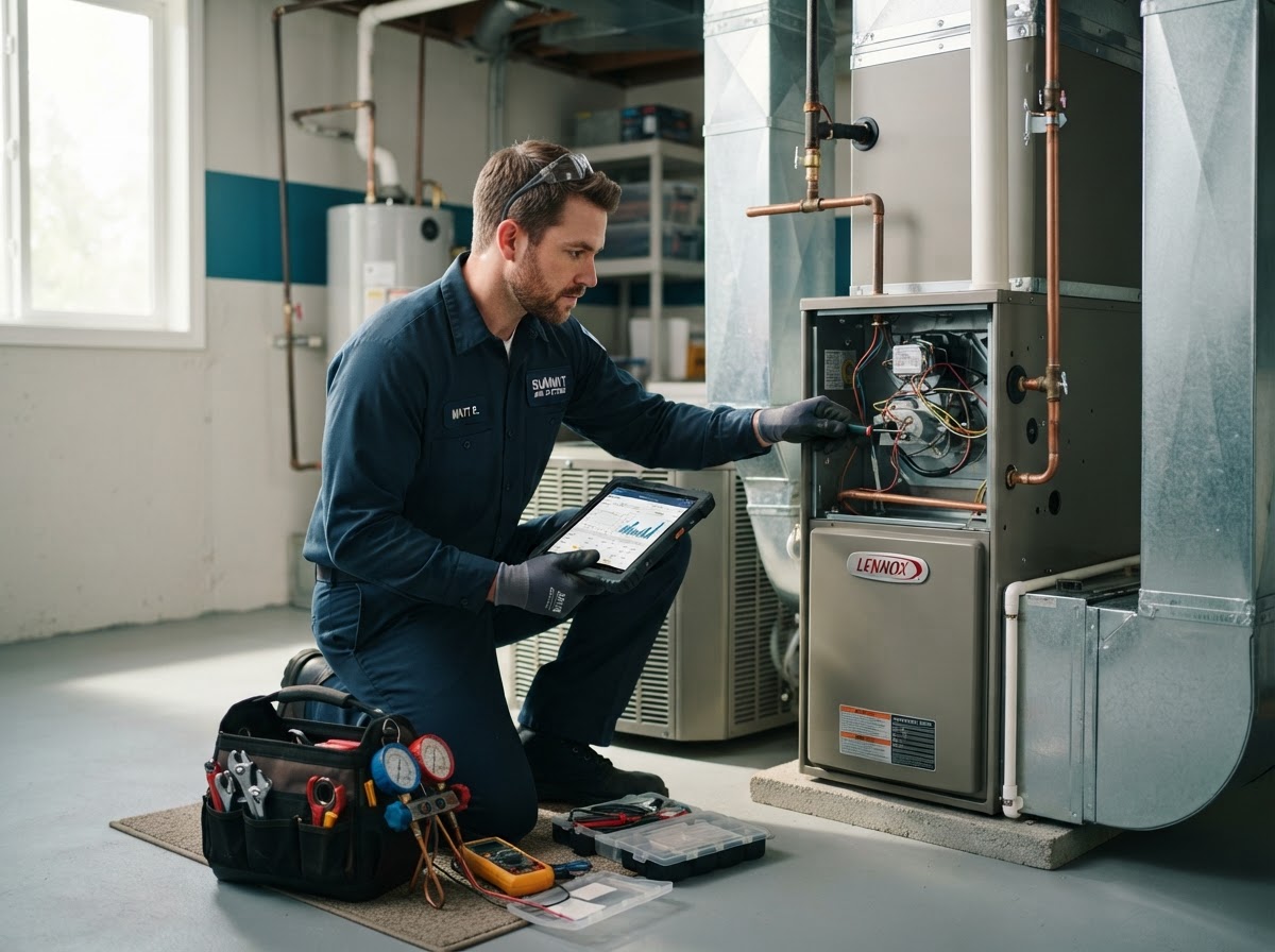 Professional HVAC technician servicing a residential furnace