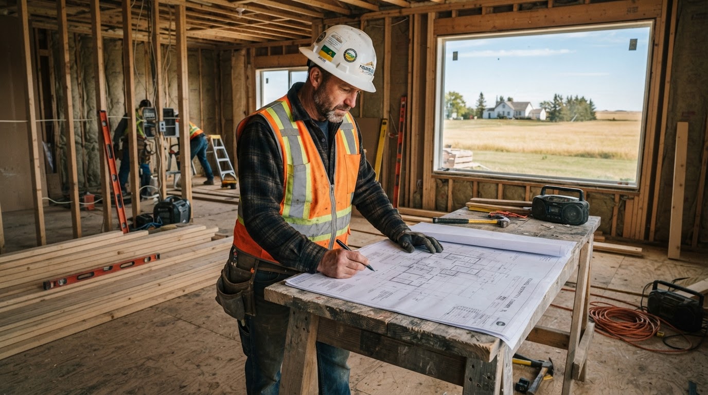 Professional general contractor reviewing blueprints at a renovation site in Saskatchewan