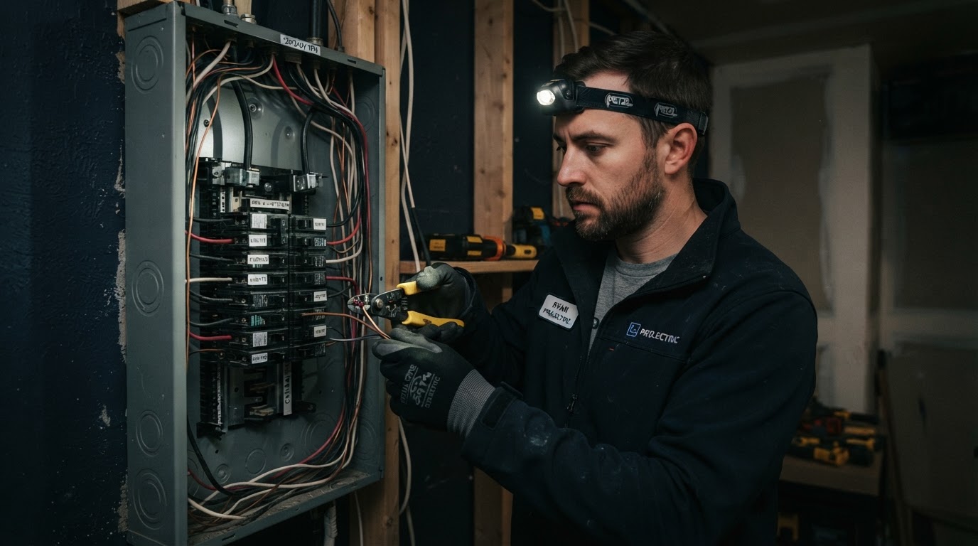 Professional electrician working inside a residential electrical panel in a modern Canadian home