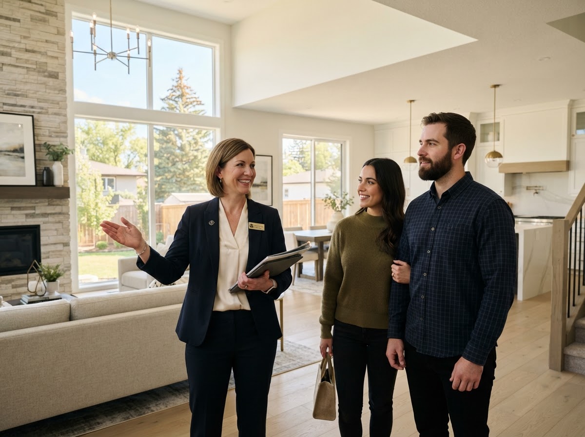 Professional real estate agent showing a modern home to a buyer couple