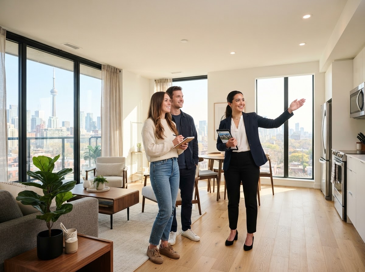 Leasing agent showing a modern two-bedroom apartment to a couple
