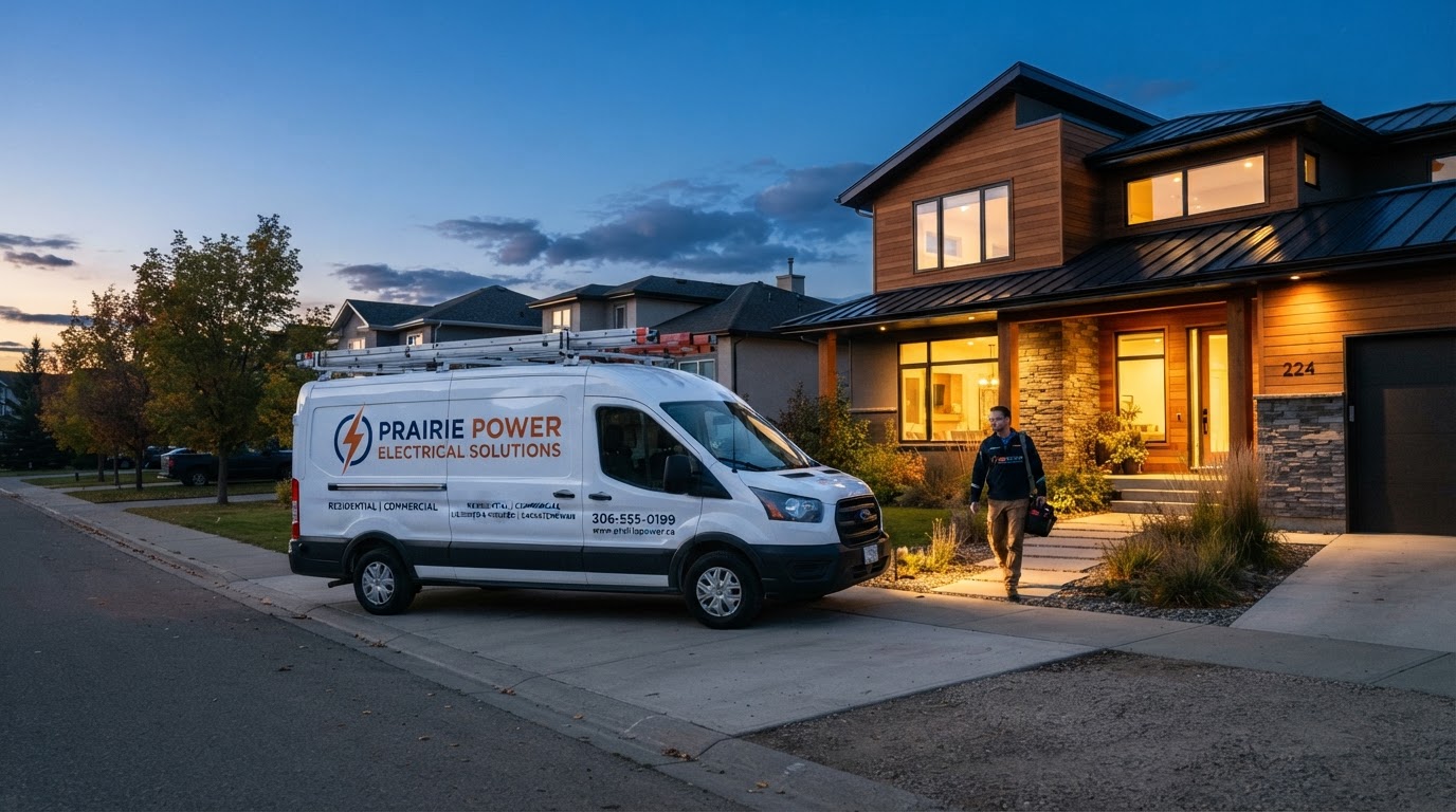 Professional electrician's service van parked outside a modern Saskatchewan home