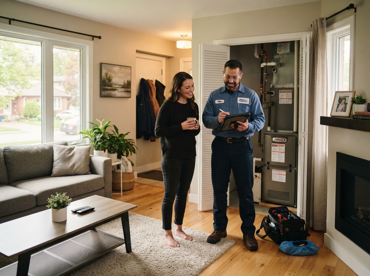 HVAC technician following up with a homeowner about seasonal furnace maintenance