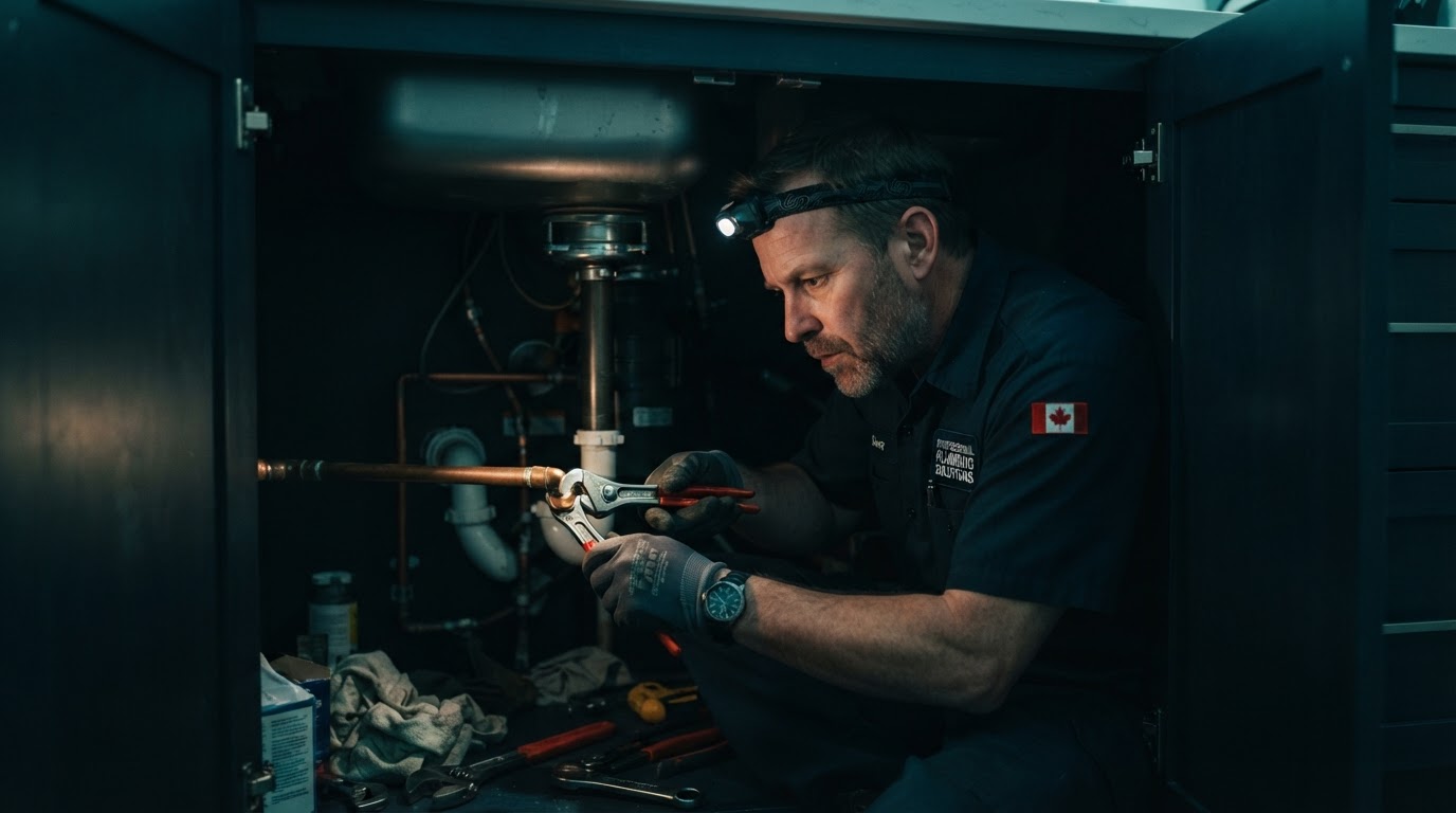 Professional plumber working under a kitchen sink in a modern Canadian home