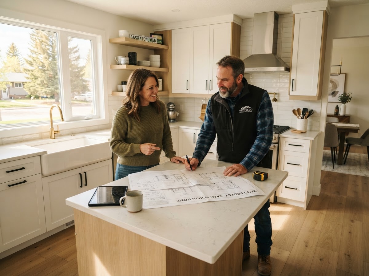 General contractor meeting with a homeowner inside a renovated kitchen in Saskatchewan