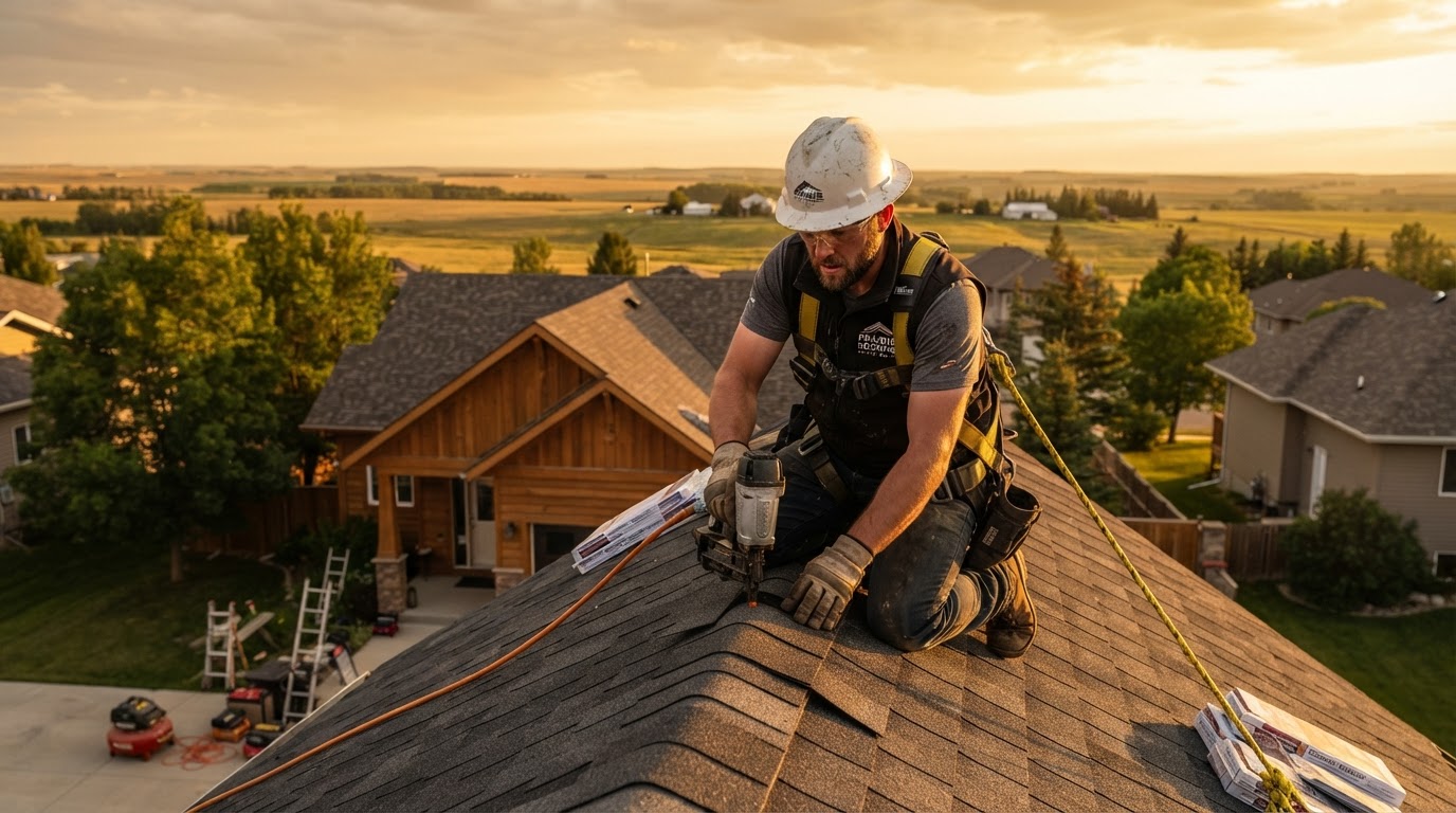 Professional roofer in safety gear working on a residential roof in Saskatchewan