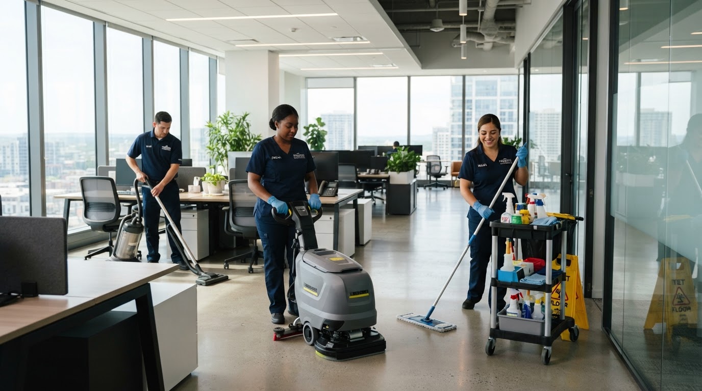 Professional cleaning team in uniforms cleaning a modern commercial space in Saskatchewan