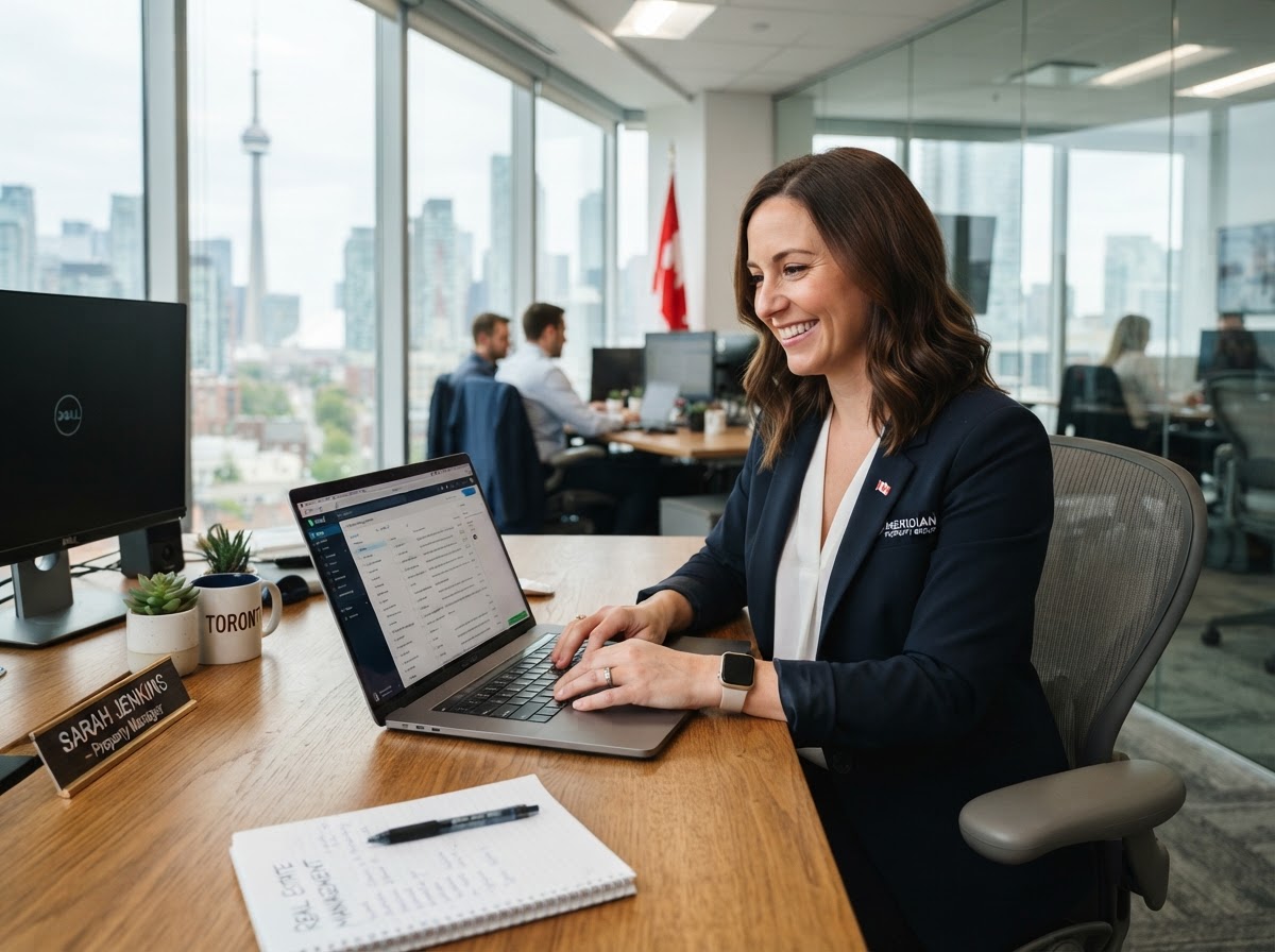 Property manager working on a laptop in a modern office