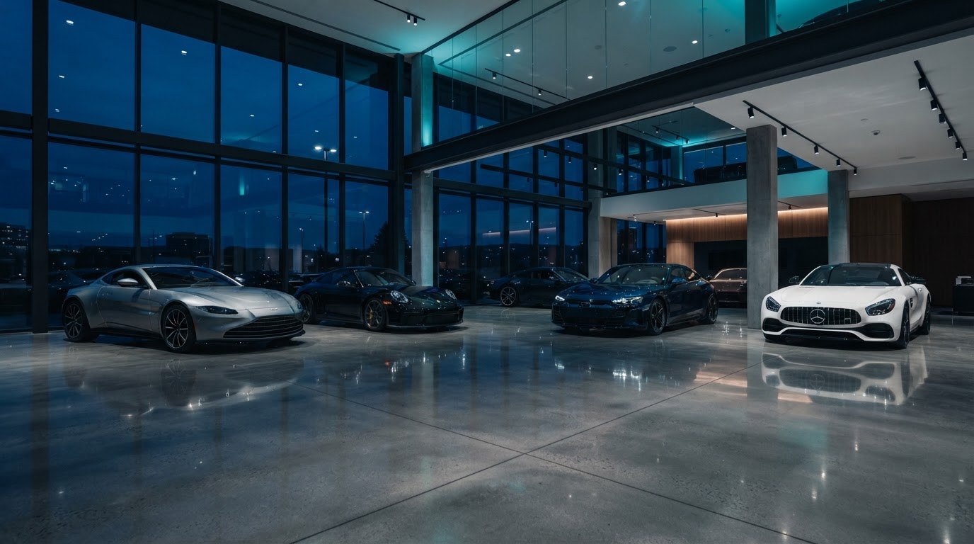 Modern automotive dealership showroom with vehicles
