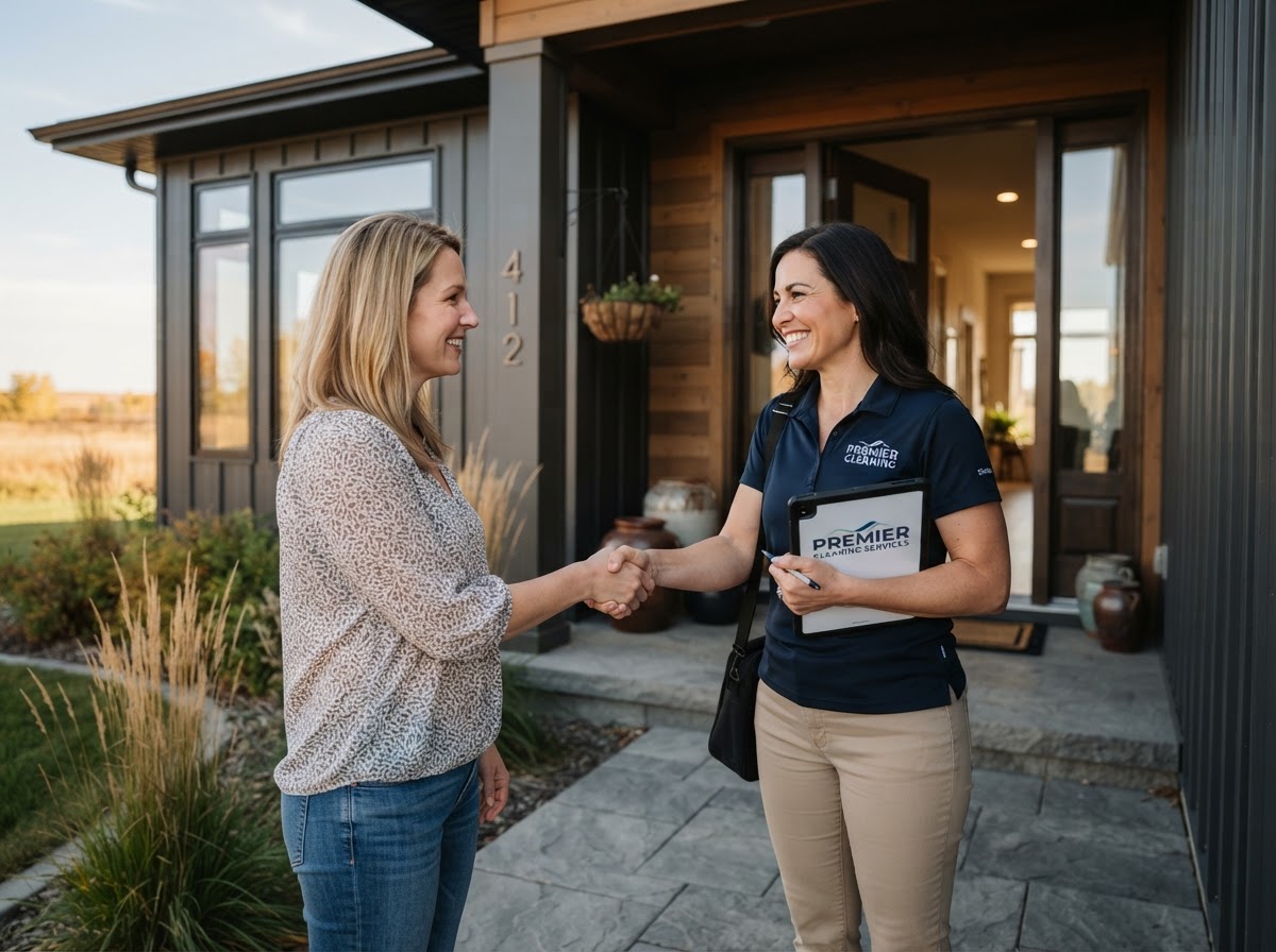 Cleaning company owner meeting with a homeowner at the door of a Saskatchewan home