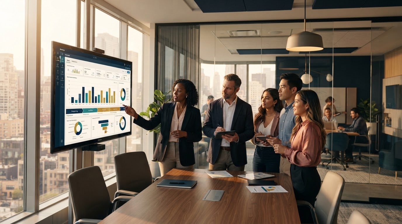 Business team reviewing automated sales pipeline data on monitors