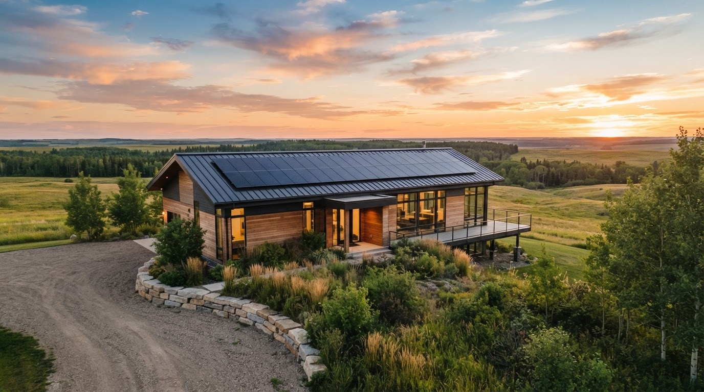 Modern residential solar panel installation in Saskatoon Saskatchewan at golden hour