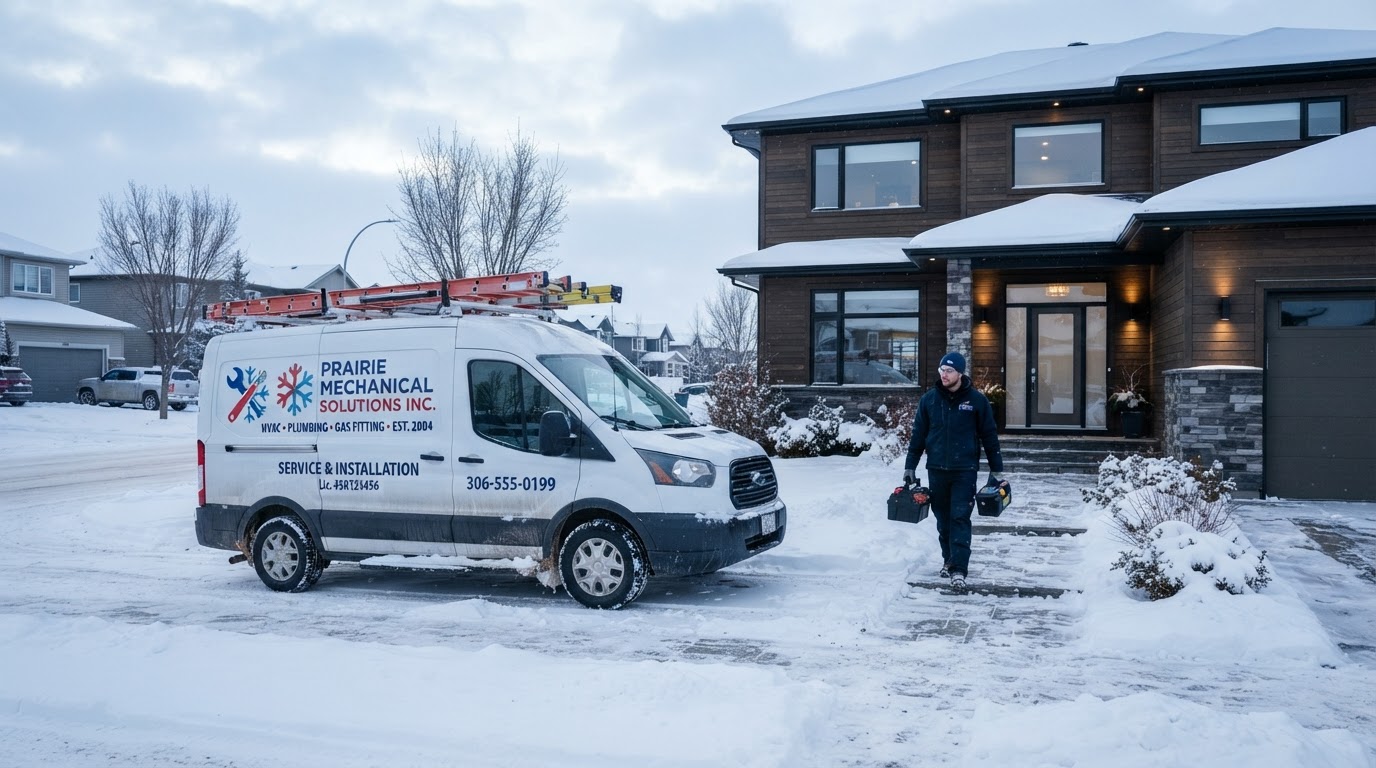 HVAC service van parked outside a modern Saskatchewan home in winter