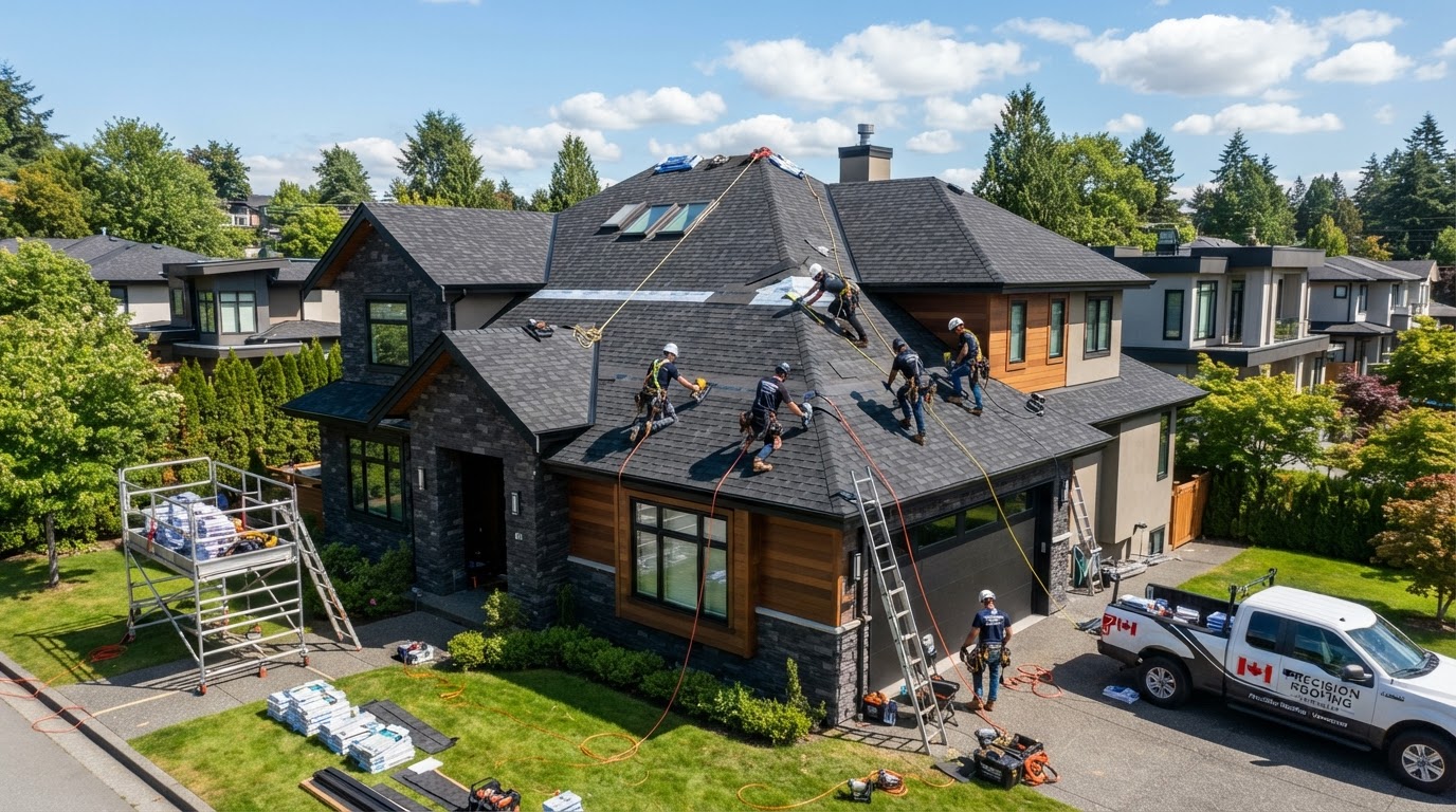 Professional roofers installing shingles on a modern Saskatchewan home
