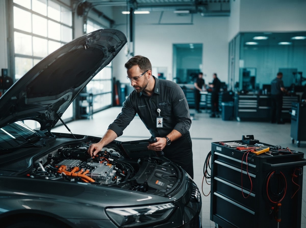 Professional automotive technician servicing a vehicle in a modern repair shop
