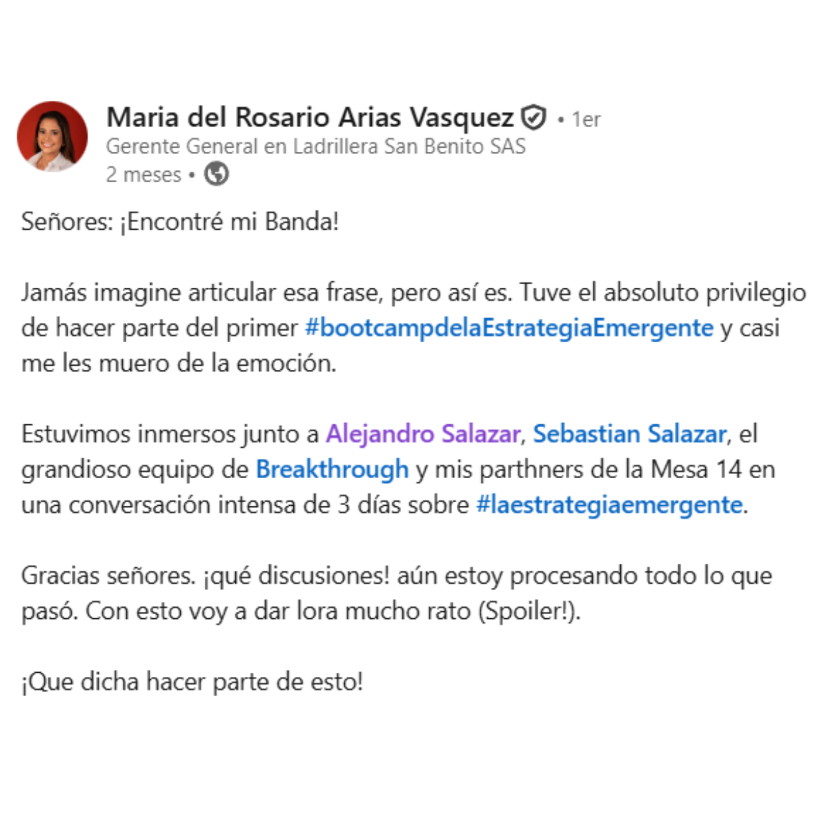 Testimonio de María del Rosario Arias en LinkedIn