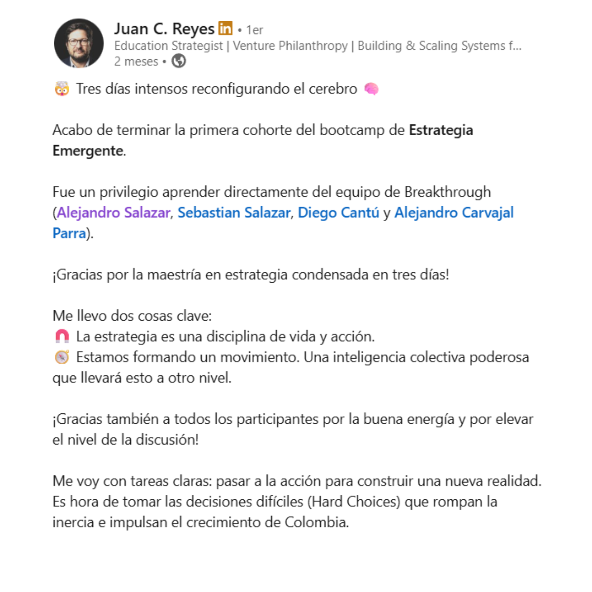 Testimonio de Juan Reyes en LinkedIn