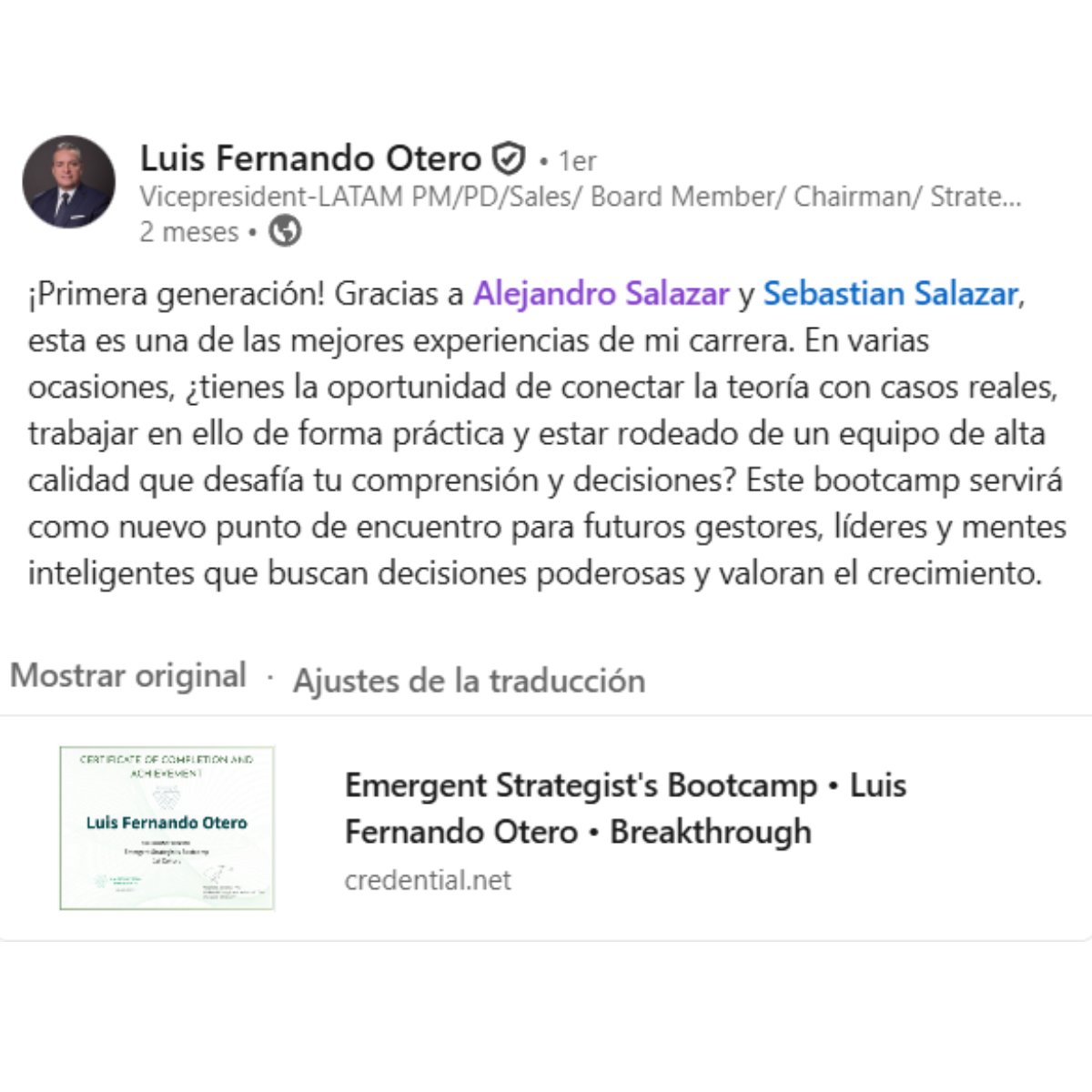 Testimonio de Luis Fernando Otero en LinkedIn