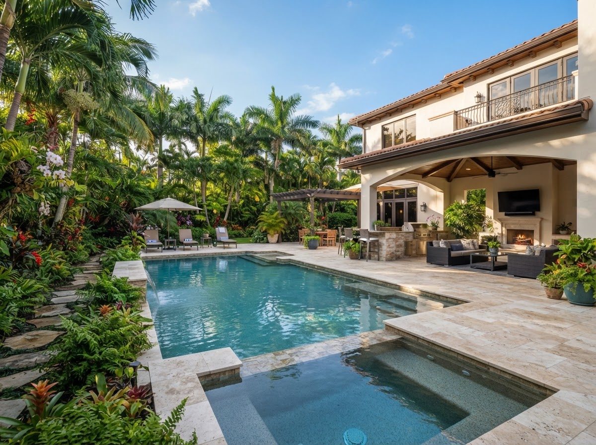 Pristine South Florida residential terrace and pool
