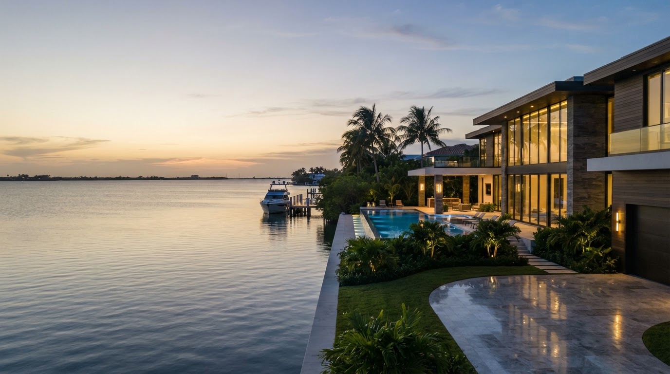 Upscale South Florida luxury waterfront residence at golden hour
