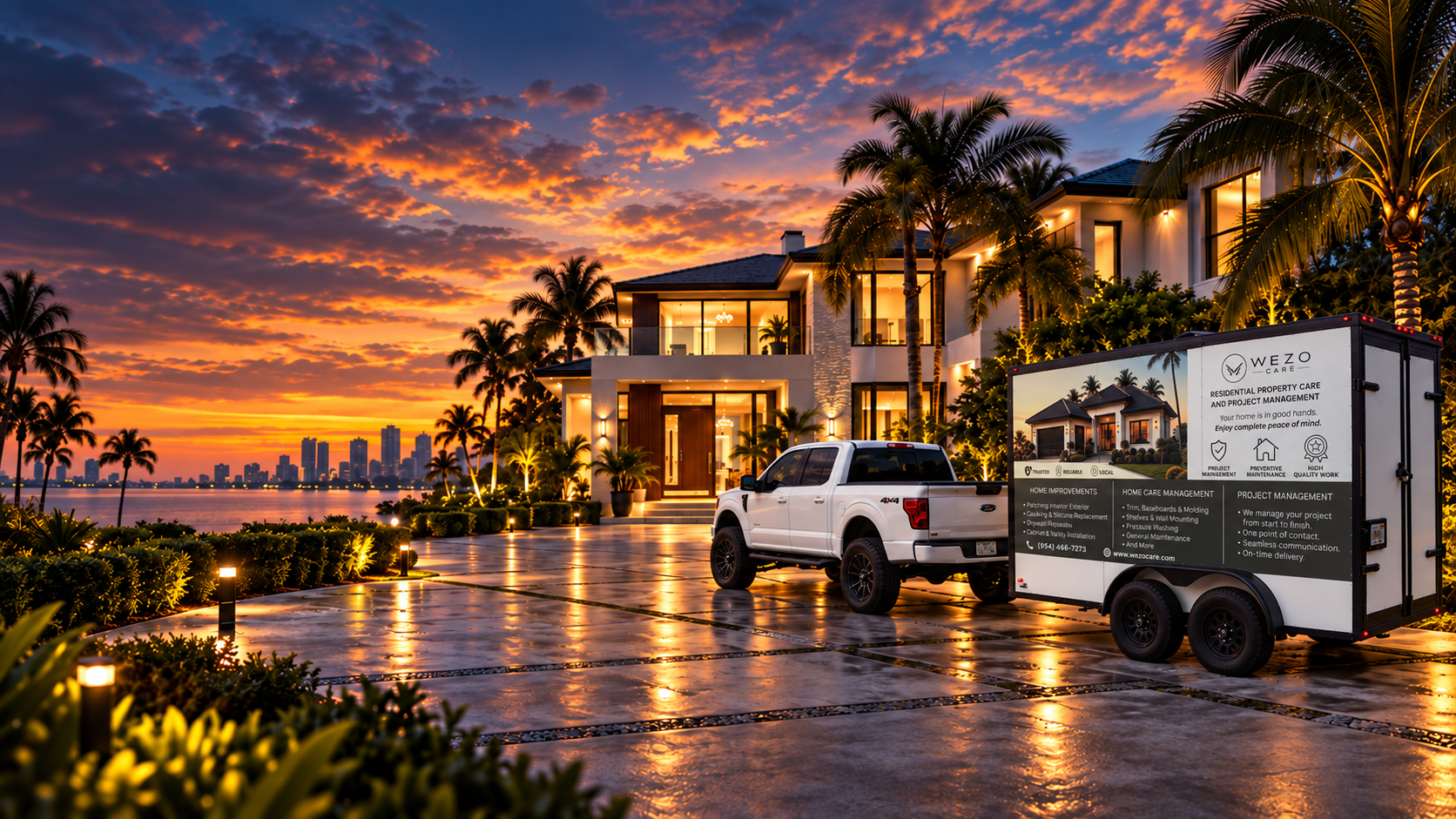Luxury South Florida residence at sunset with WEZO CARE branded trailer and vehicle