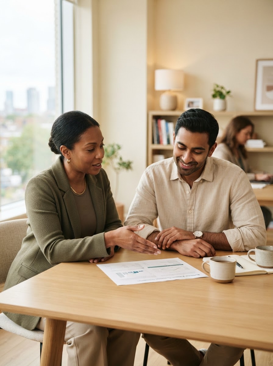 An IMS Home Finance advisor calmly explaining loan options beside a client in a warm, naturally lit office