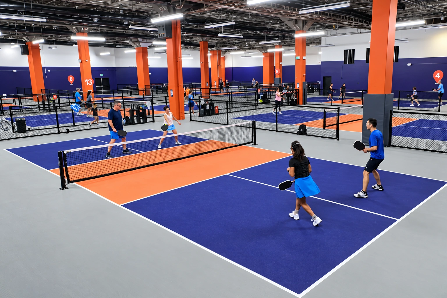Pickleplex indoor courts and players enjoying pickleball