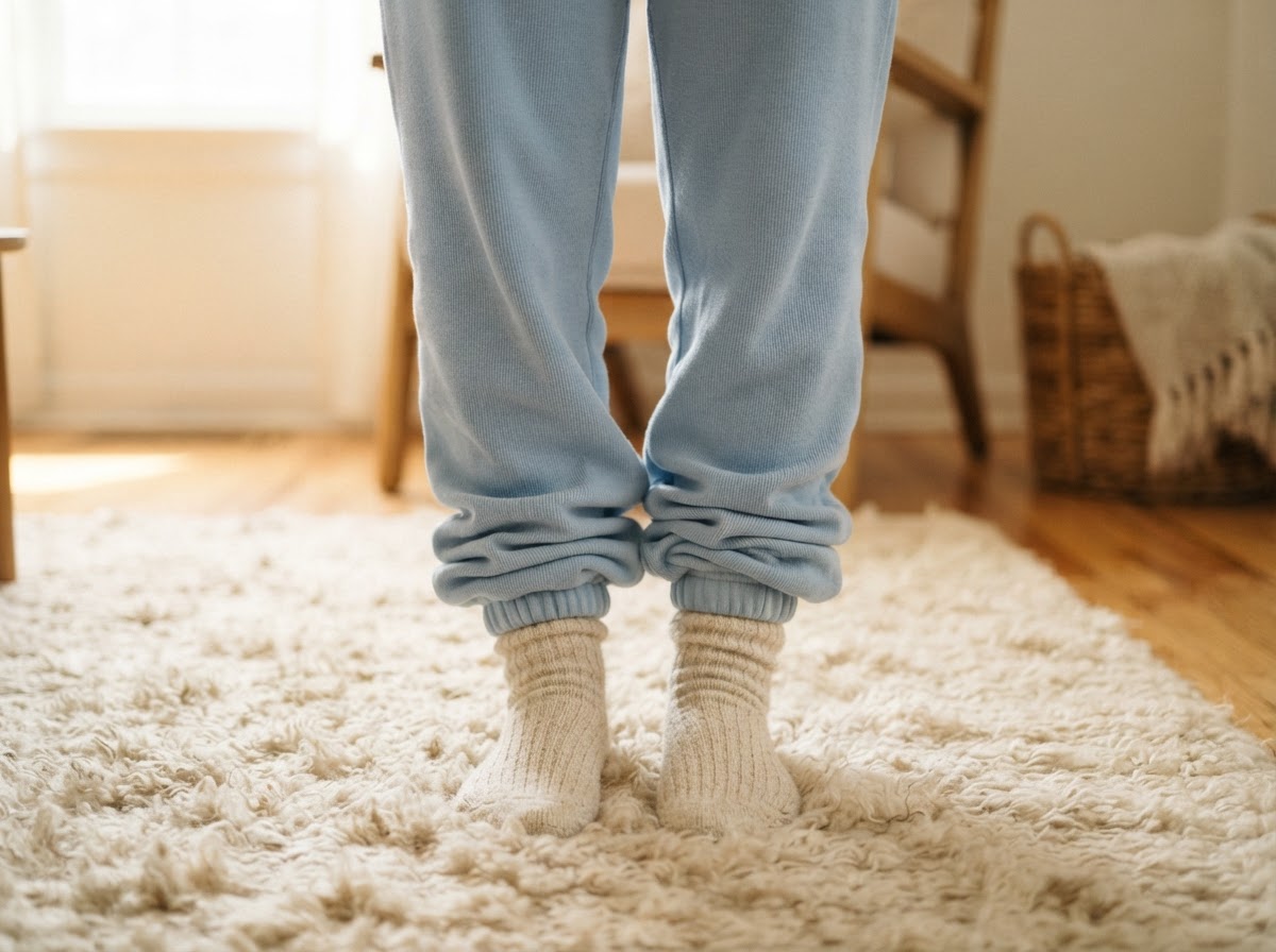 Fabric pooled around a petite woman's ankles in too-long sweatpants