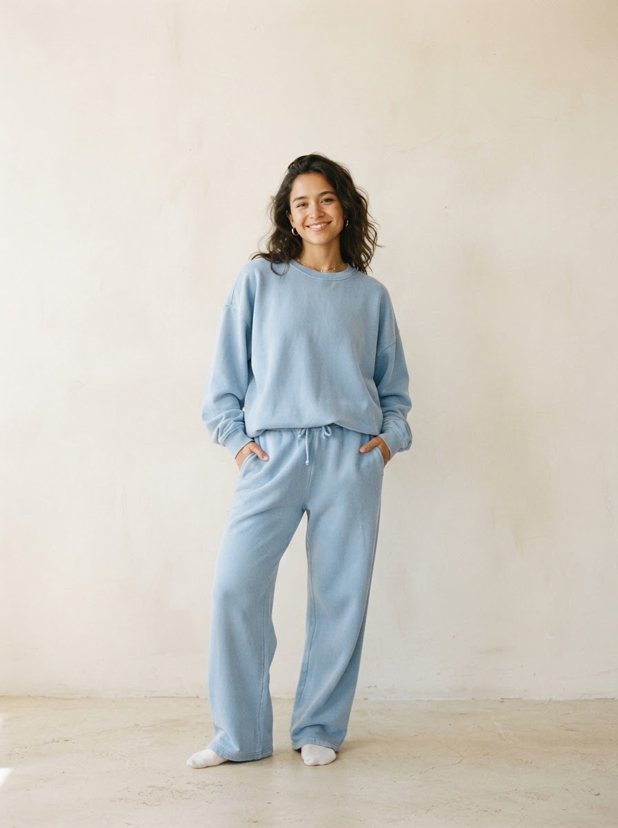 Petite woman wearing a soft powder-blue Orbeeh lounge set
