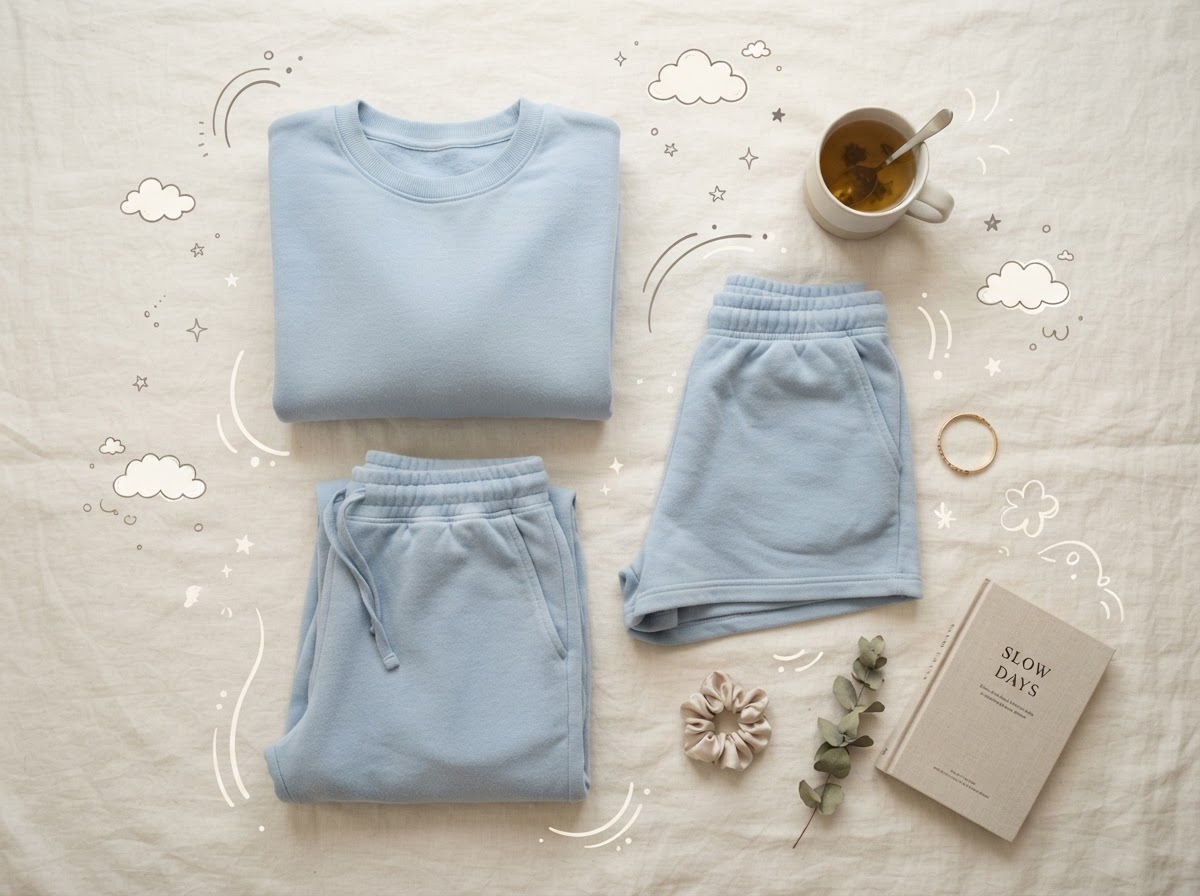 Soft folded Orbeeh petite loungewear flat lay with cloud doodles