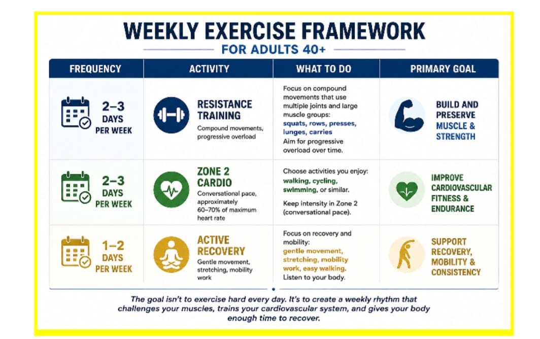 Weekly Exercise Framework for Adults 40+ showing frequency, activity, what to do, and primary goals for resistance training, zone 2 cardio, and active recovery