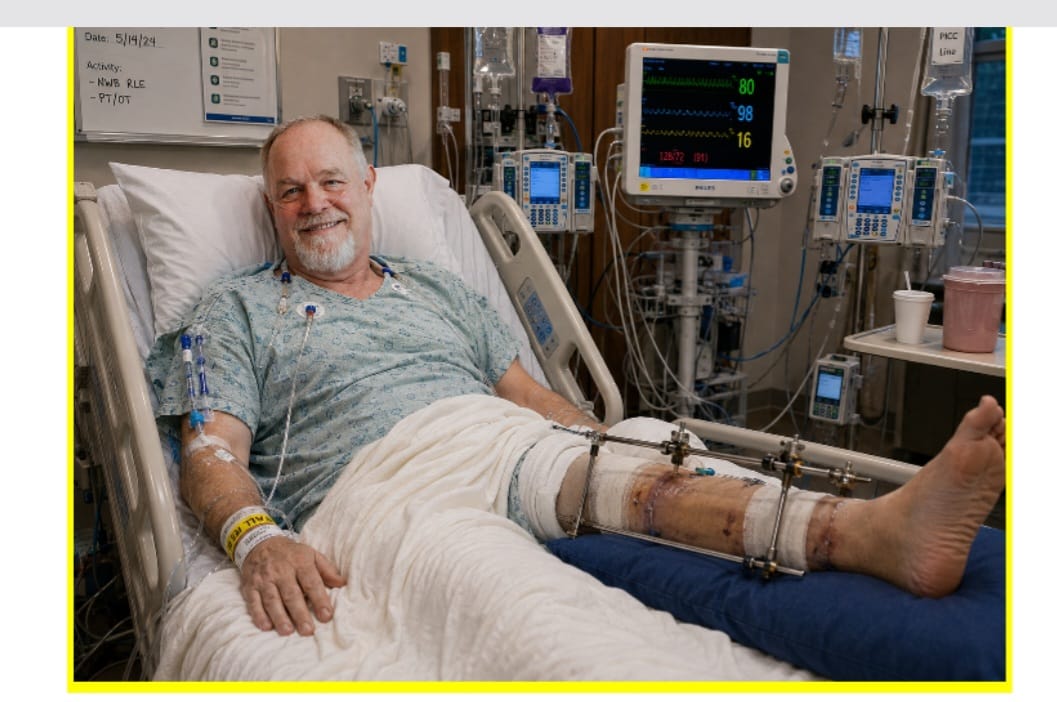 Patient recovering in a hospital room with external orthopedic fixation pins on the lower leg, vital signs monitor, and IV lines — the clinical reality of bone and joint vulnerability