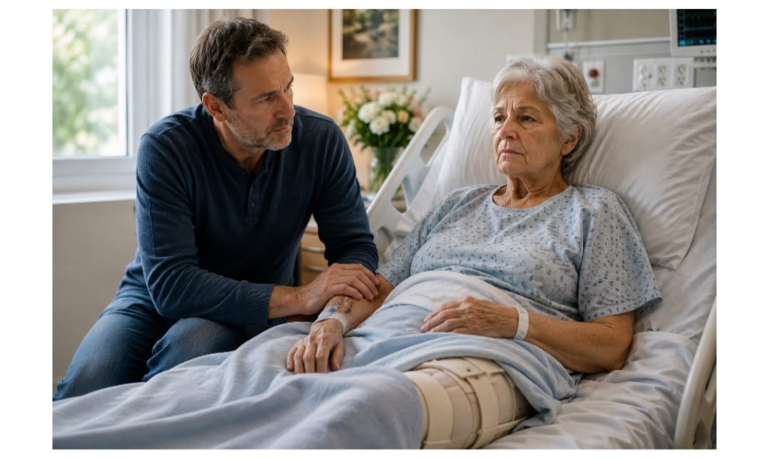 A caring son sitting beside his elderly mother in a hospital bed with an orthopedic leg brace — the real stakes of sarcopenia, loss of mobility, and fall prevention