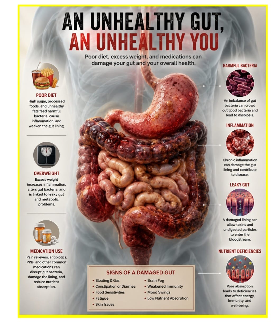 An Unhealthy Gut, An Unhealthy You — medical infographic showing poor diet, overweight, medication use, harmful bacteria, inflammation, leaky gut, nutrient deficiencies, and signs of a damaged gut