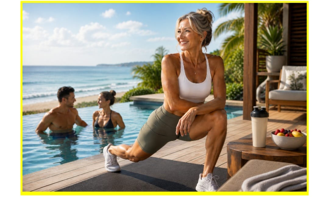 A fit, active woman smiling during a poolside lunge exercise in warm coastal sunlight