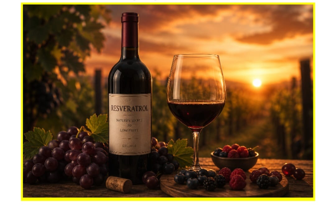 Bottle of Resveratrol nature's secret to longevity with red wine, dark grapes, and antioxidant berries at sunset