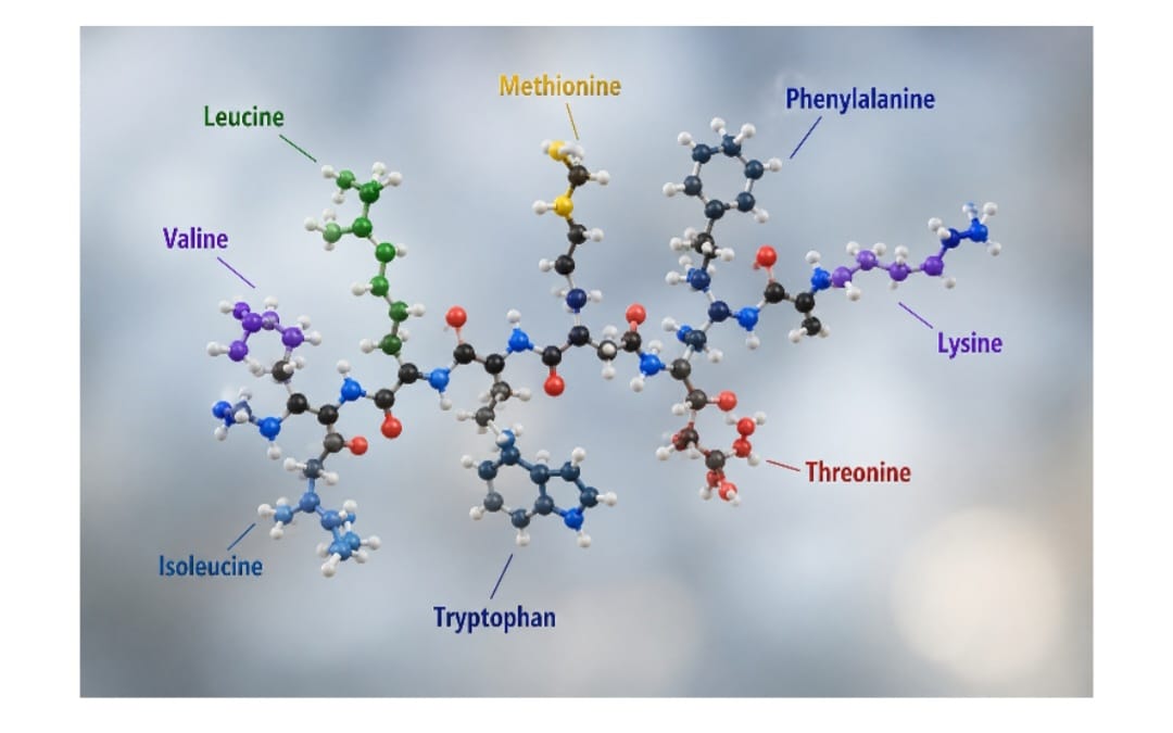 Diagram of the essential amino acid molecule structures and their complete profile