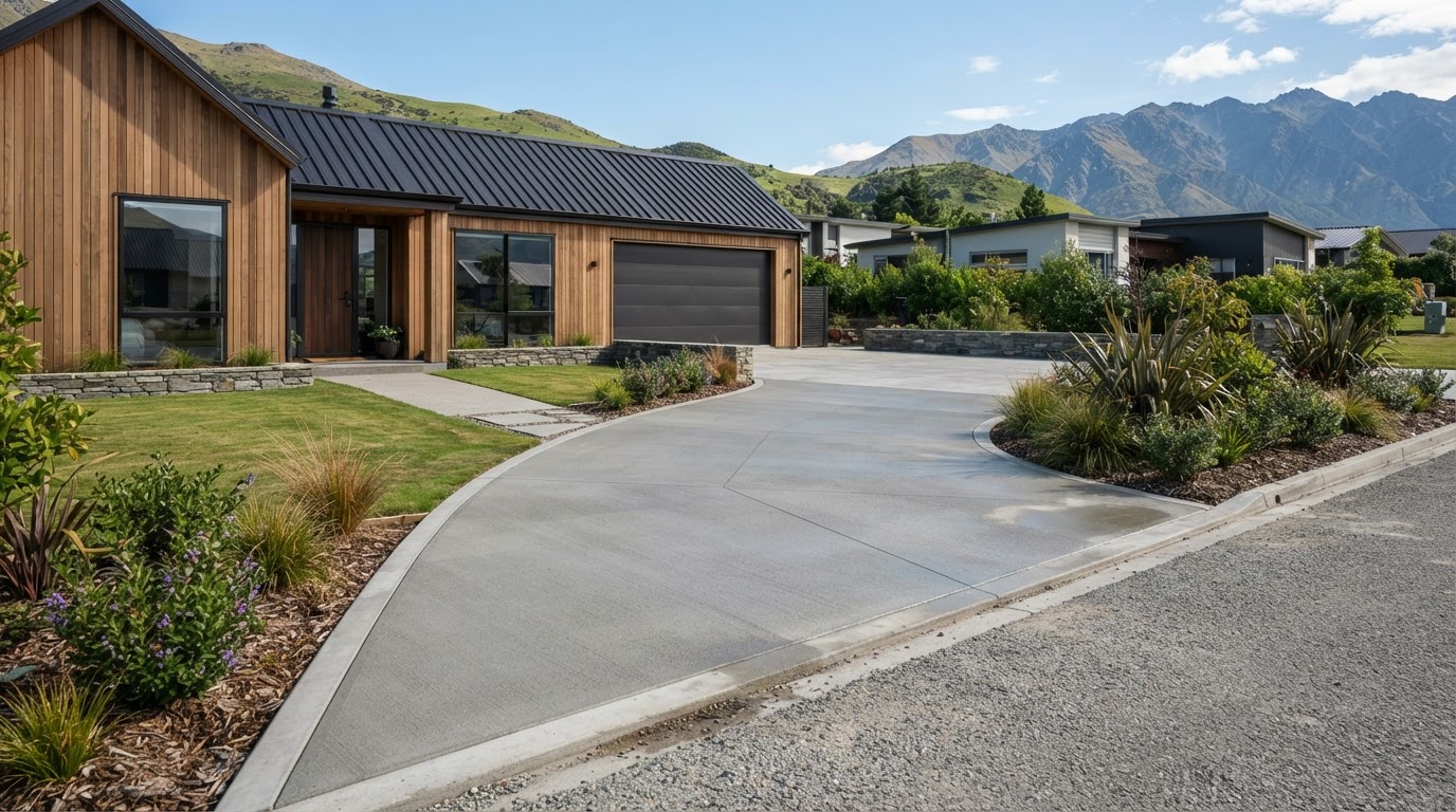 Freshly poured concrete driveway with broom finish in West Auckland