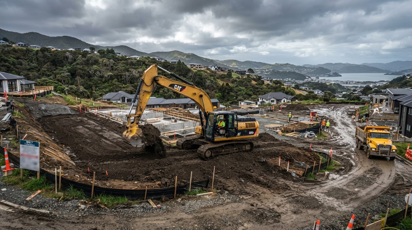 Excavator performing earthworks on a residential site in Kumeū, West Auckland