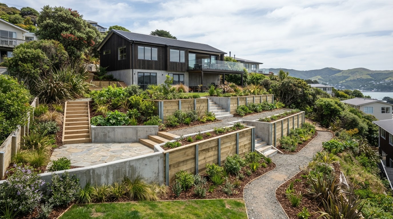 Newly constructed retaining wall on a sloped Kumeū property