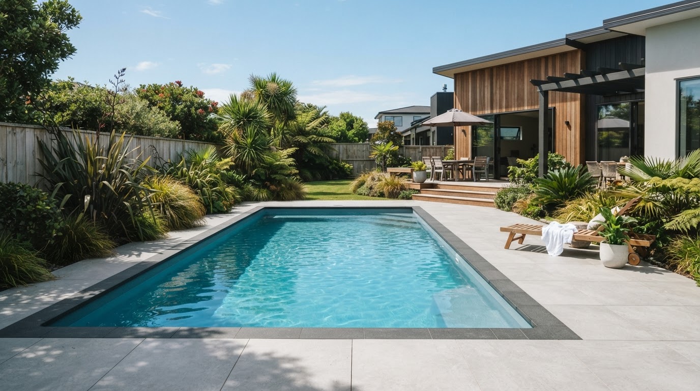 Newly installed fibreglass swimming pool in a West Auckland backyard