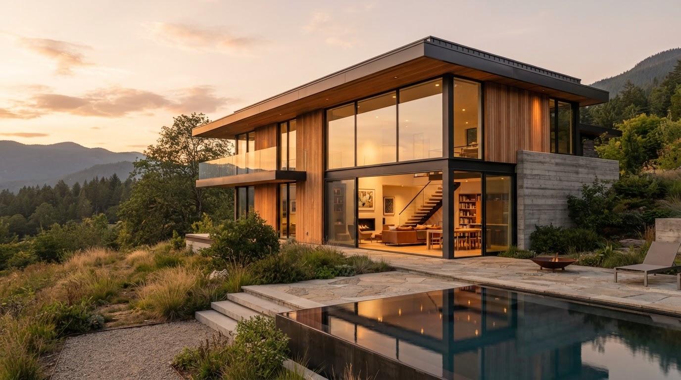 Modern minimalist residential building with warm natural materials at golden hour
