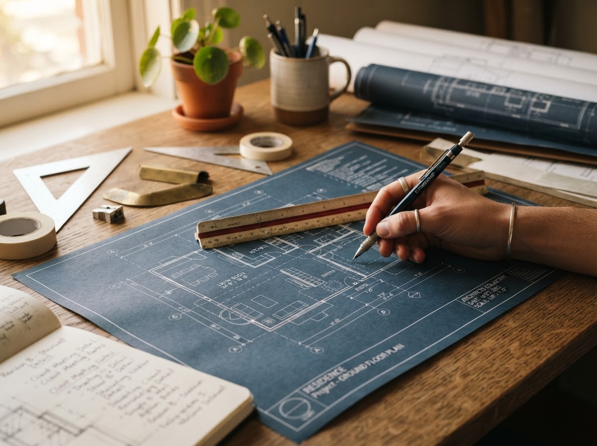 Architectural floor plans and drafting tools on a wooden desk