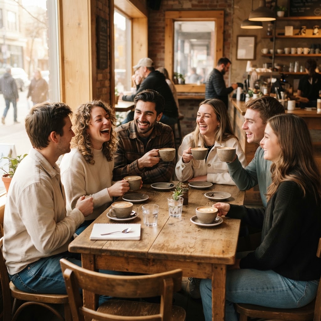 Amigos brindando con café en la fiesta de la mañana